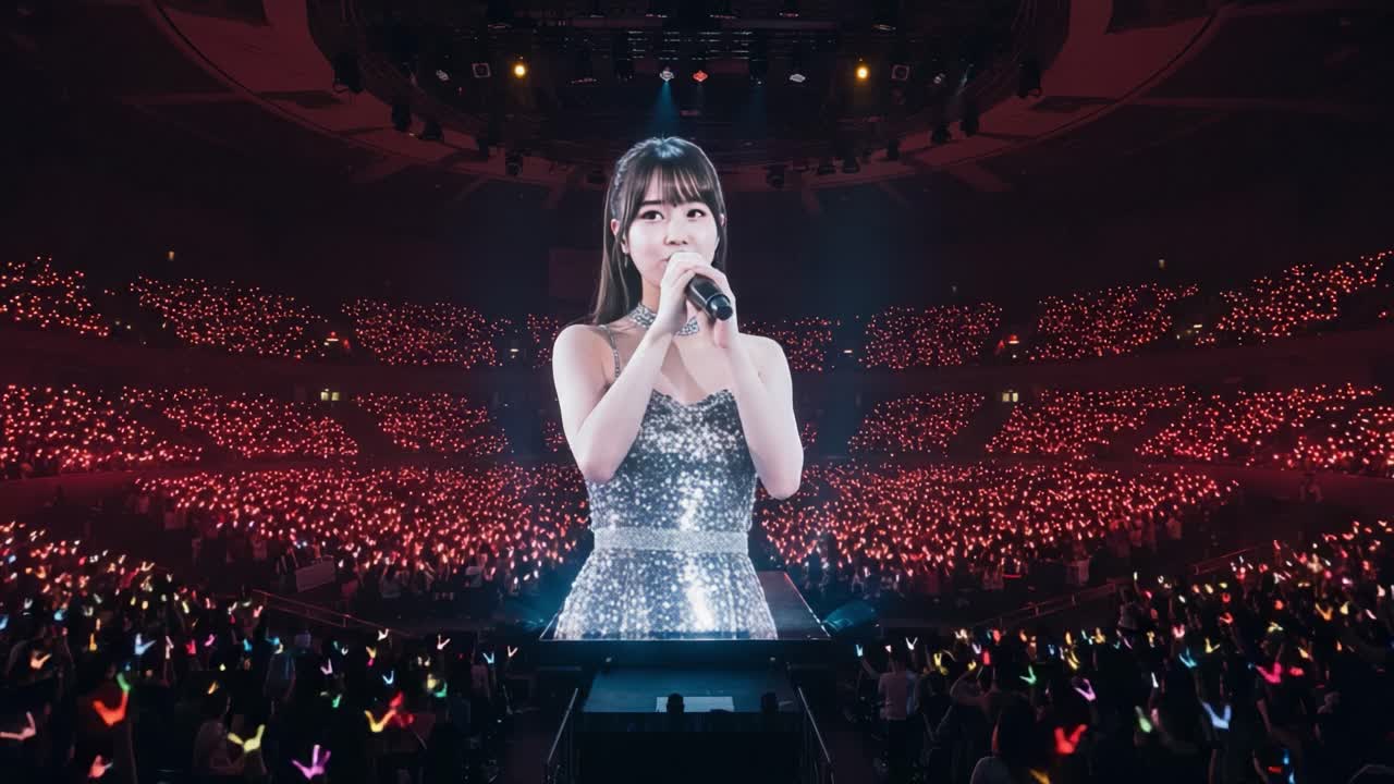 A Stunning Performance Shines Bright as the Singer Captivates an Enthralled Audience with Dazzling Lights and Energetic Atmosphere at a Grand Entertainment Event