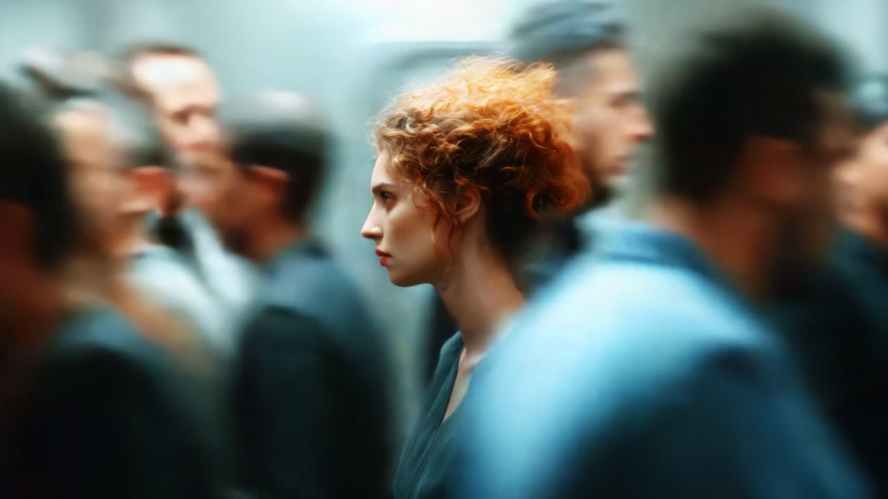 A solitary figure with vibrant red curls stands still amidst a blur of rushing individuals, capturing the contrast between stillness and the fast-paced rhythm of life surrounding her