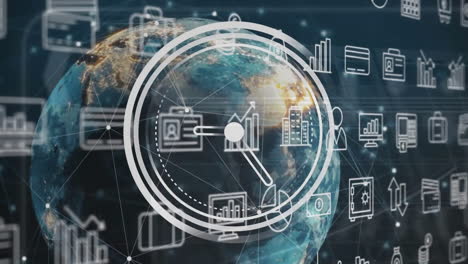 Animación-De-Iconos-Financieros-Y-Procesamiento-De-Datos-Sobre-El-Globo-Y-El-Reloj.