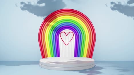 Rainbow-arch-with-empty-pedestal-and-moving-cloud-background,-3D-illustration