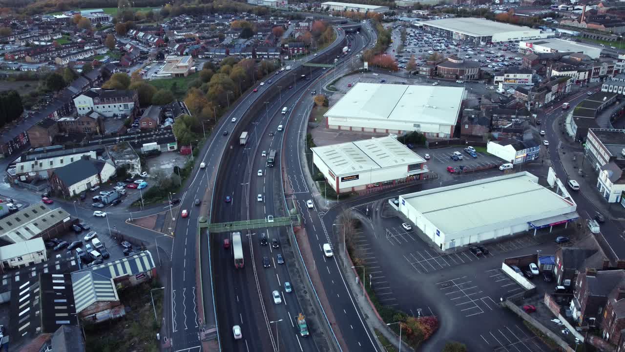 Aerial view of highway and city