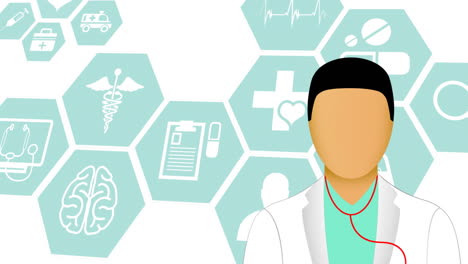 animación del icono del médico sobre los iconos médicos en fondo blanco