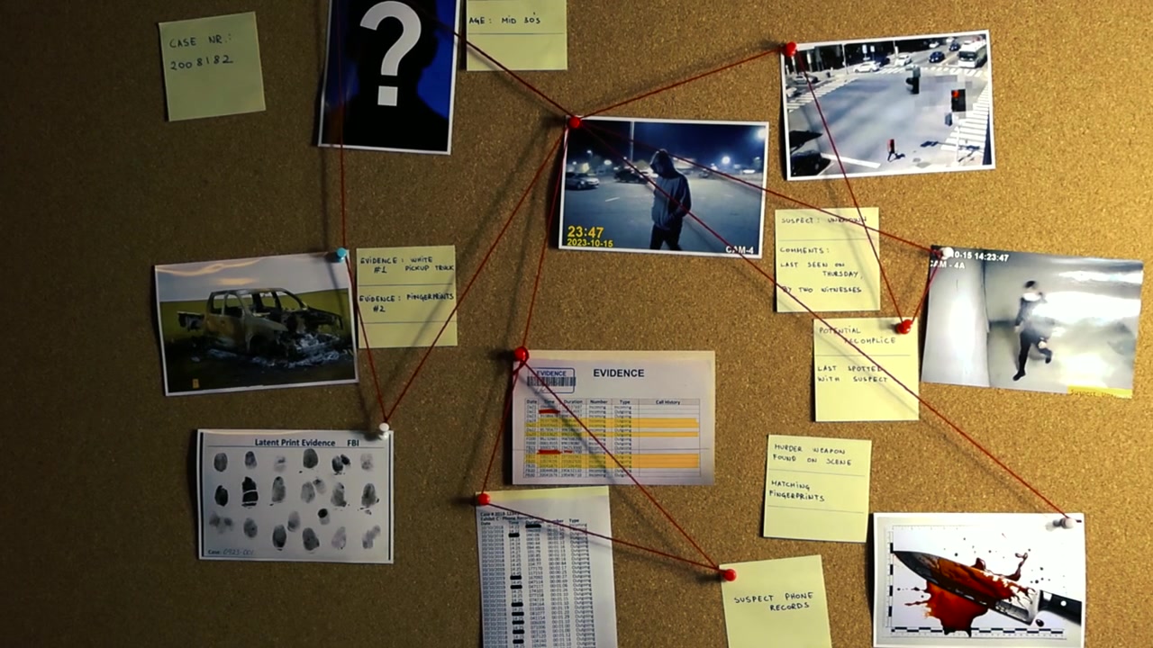 Detective's corkboard showing a criminal investigation with photos of a suspect, fingerprints, a murder weapon, and other evidence connected by red thread to solve the case
