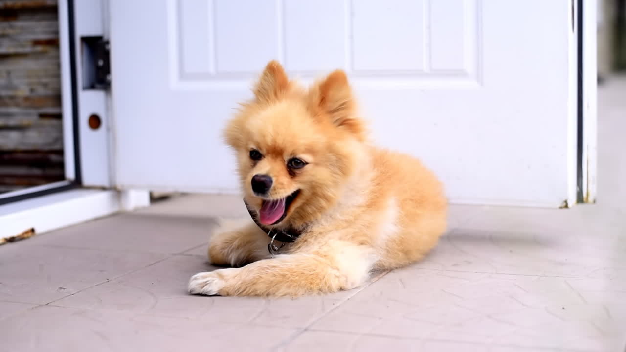 Sleepy pomeranian spitz laying on the ground near the house. Greenery in foreground. Focus transition. Slow motion