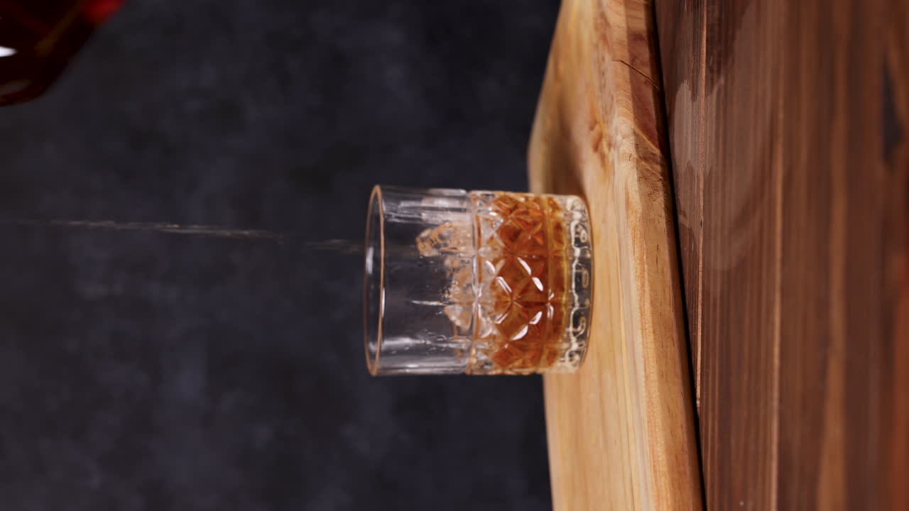whisky con hielo, fondo oscuro mesa de madera