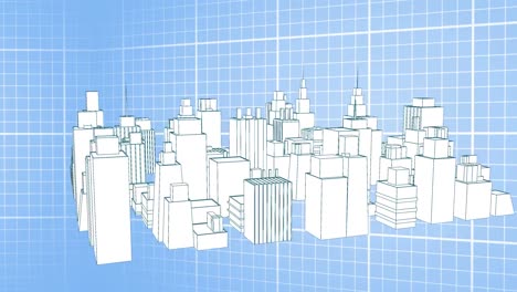 animation of 3d architecture city drawing moving over grid