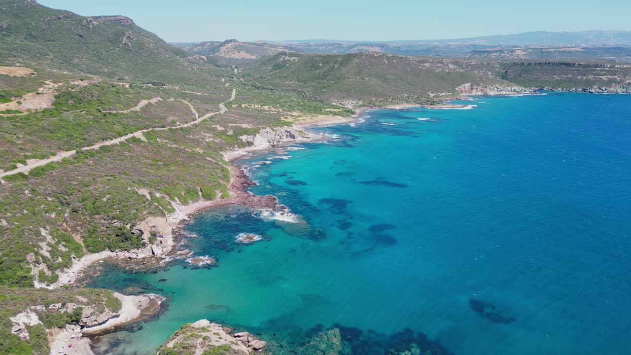 Scenic West Coast of Sardinia with Green Mountains and Turquoise Blue Sea - 4k Aerial
