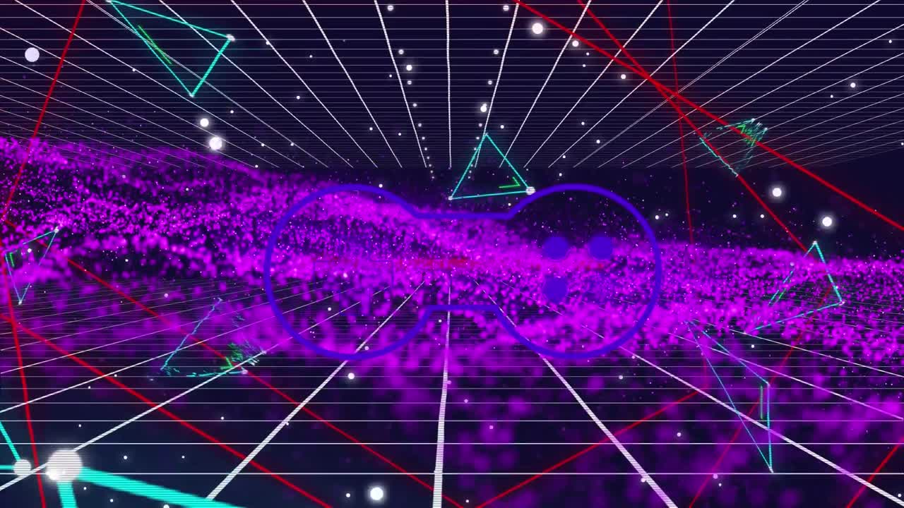 animación del icono del controlador de videojuegos y las formas triangulares contra la onda digital púrpura