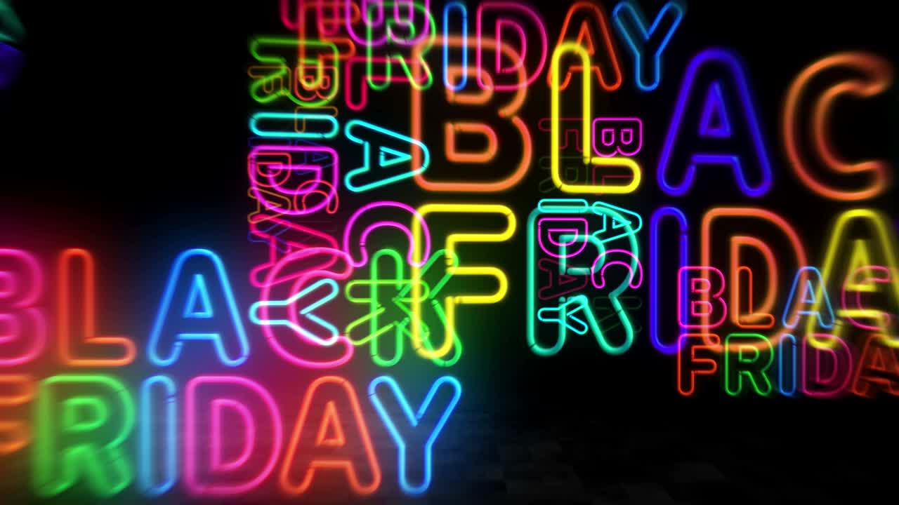 Black Friday neon symbol 3d flight between