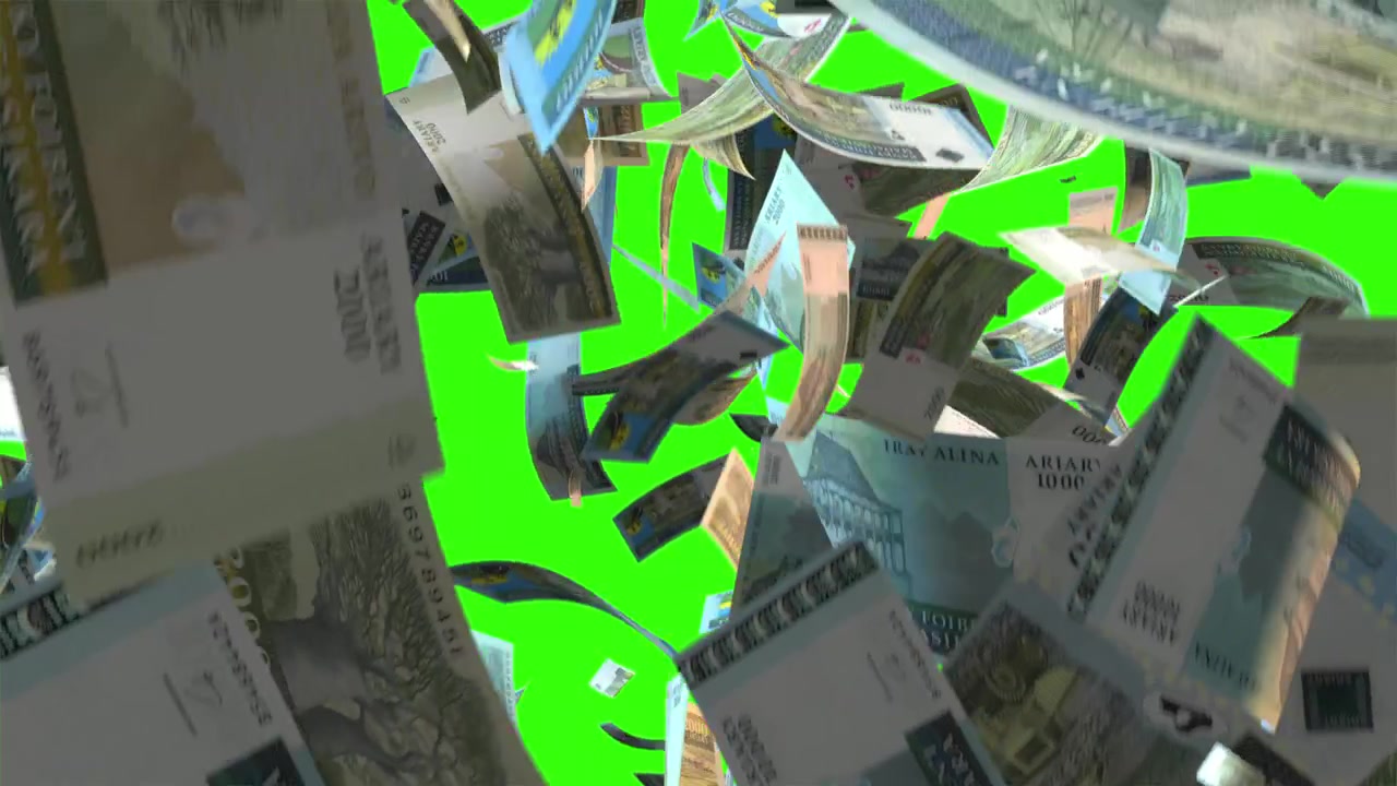 Malagasy Ariary Banknotes Falling on Green Screen