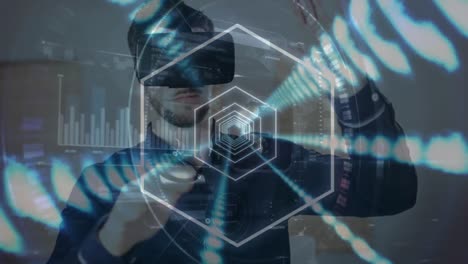 Animation-of-neon-blue-tunnel-in-seamless-pattern-against-caucasian-man-wearing-vr-headset