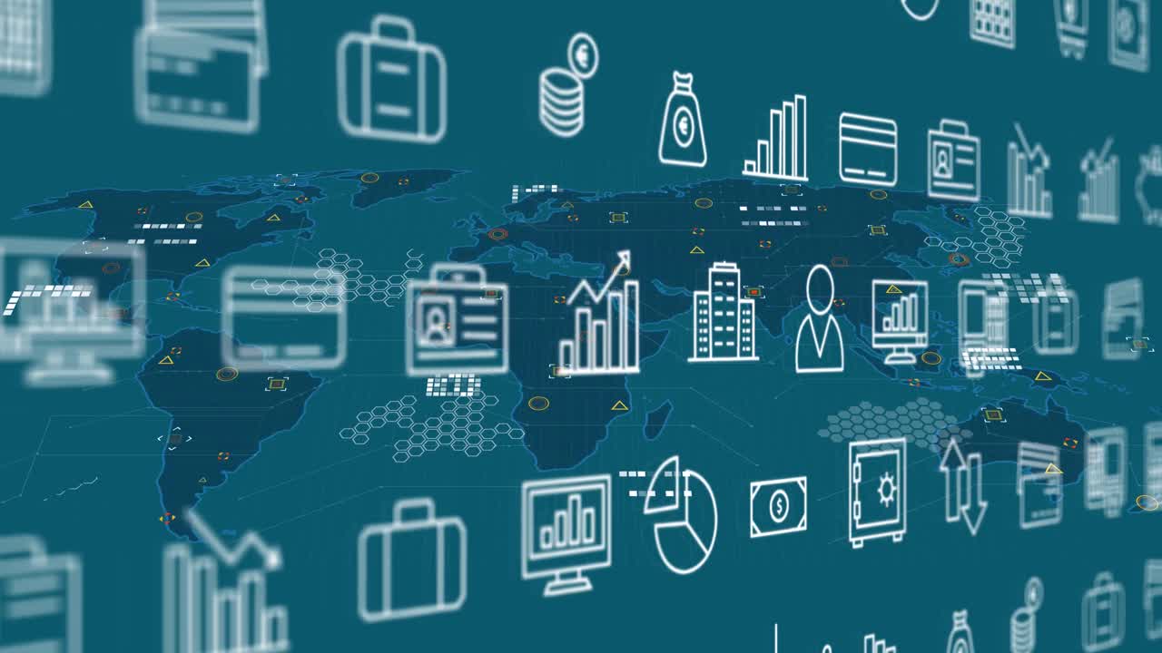 animación de iconos financieros sobre el mapa del mundo sobre fondo verde