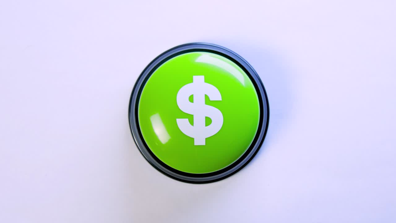 persona de negocios presionando el botón de dinero brillante verde con el signo del dólar. presione el botón para ganar mucho dinero. video 4k para sistema de pago, institución financiera, mercado de valores, billetera digital. rentable para comerciantes, empresarios. inversión empresarial exitosa