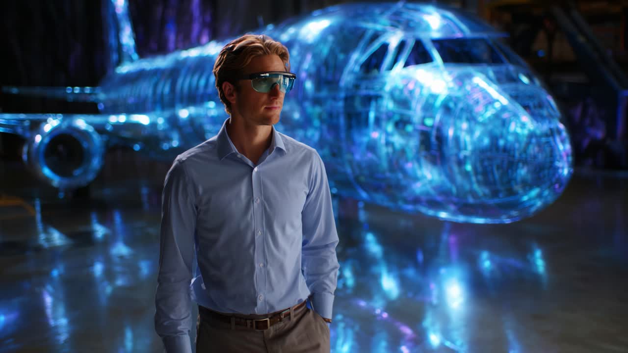 A futuristic vision of aviation comes alive as a man in smart glasses observes a holographic airplane, featuring stunning blue digital graphics and innovation