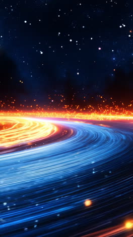 a bright orange line of light is shown on a dark blue background. the orange line is moving across the sky, creating a sense of motion and energy. the contrast between the bright orange