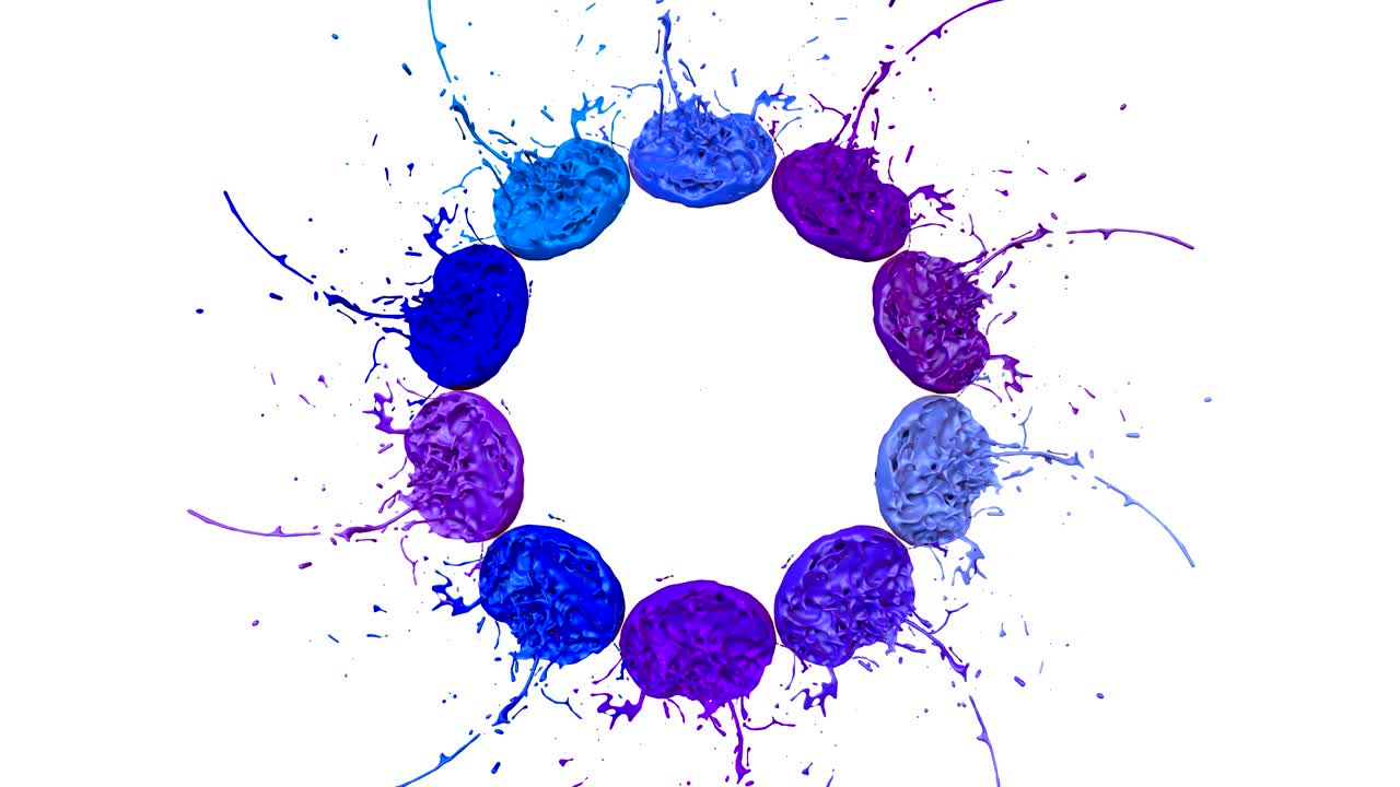 3d salpicaduras de líquido. pintura rebotar en 4k sobre fondo blanco. simulación de salpicadures de tinta en un altavoz musical que toca música. versión sombras de azul 6