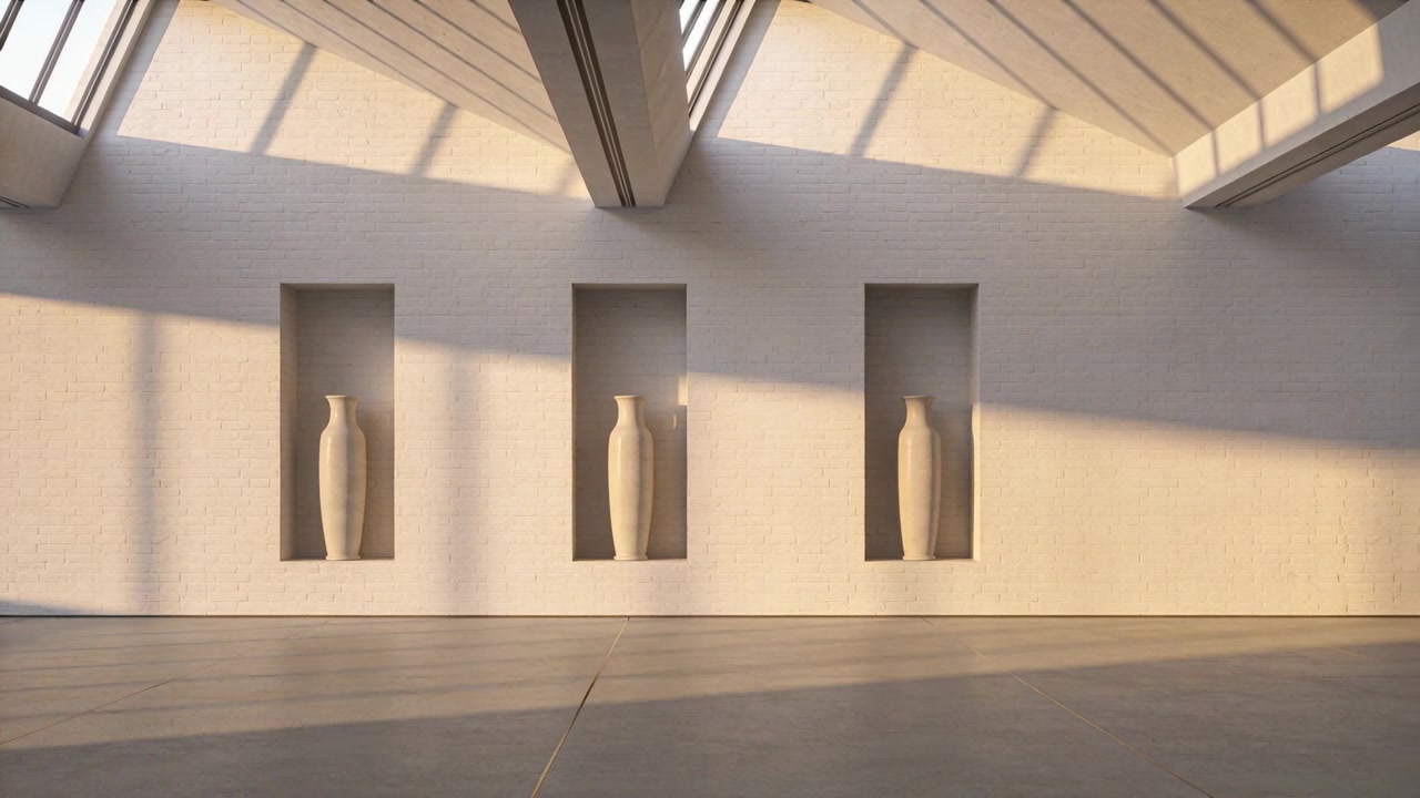 Luce solare che filtra dai lucernari, il sole si sposta, scorrendo lungo la parete della galleria proiettando ombre sui vasi