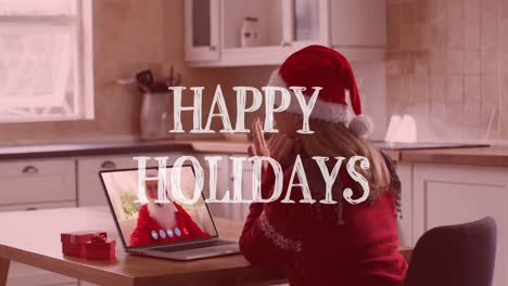 Animation-of-happy-holidays-text-over-woman-in-santa-hat-making-christmas-video-call-with-family