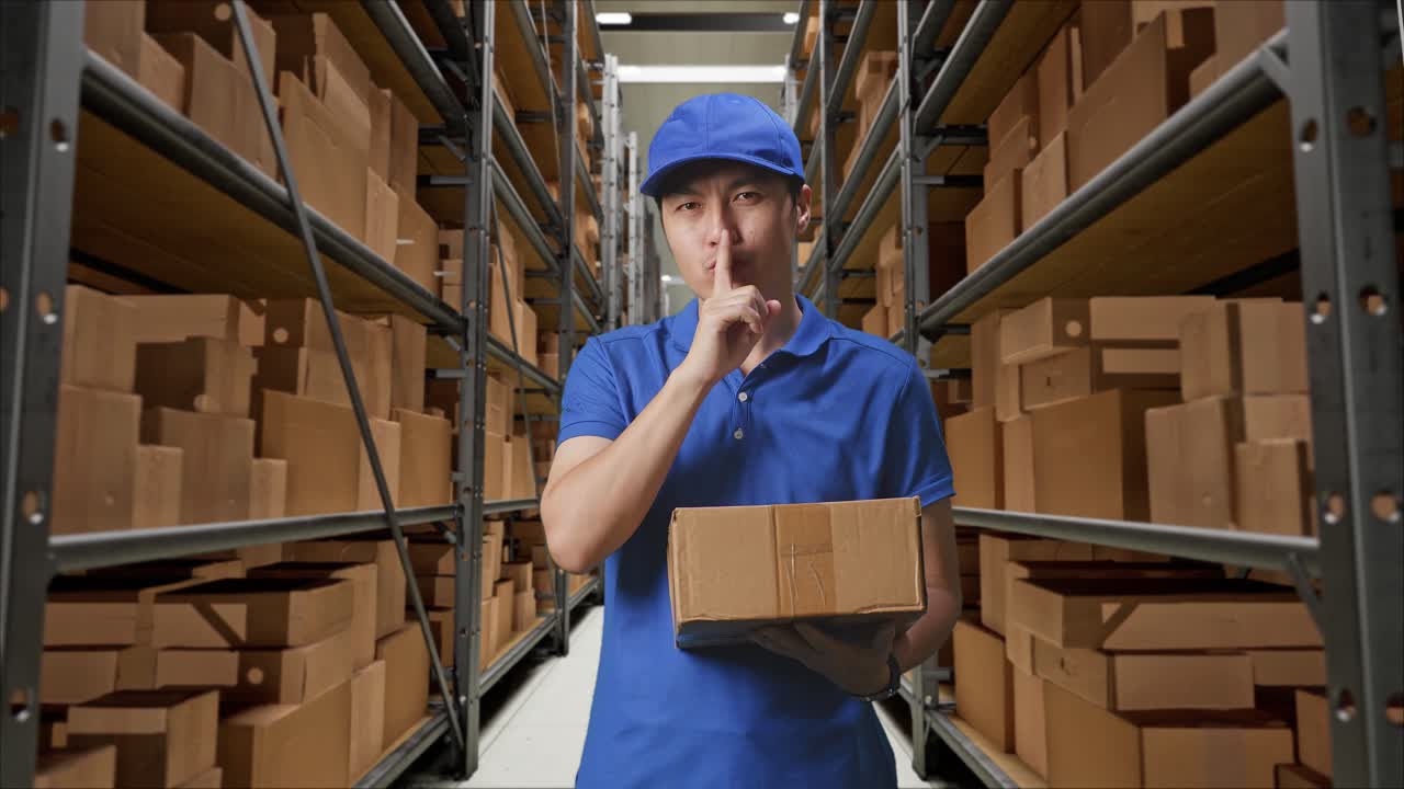mensajero masculino asiático en uniforme azul mostrando un gesto de silencio y sacudiendo la cabeza mientras entrega un cartón en el almacén