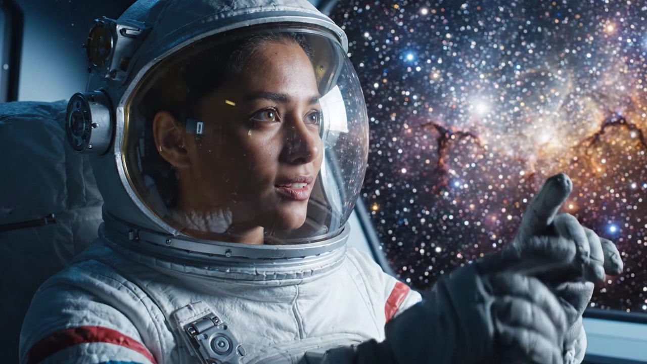 Un astronauta osserva le meraviglie cosmiche dell'Universo, contemplando la vastità dello spazio e le infinite possibilità oltre il nostro pianeta