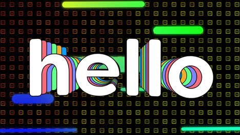 animation of colorful light trails and hello text over abstract shapes pattern design background