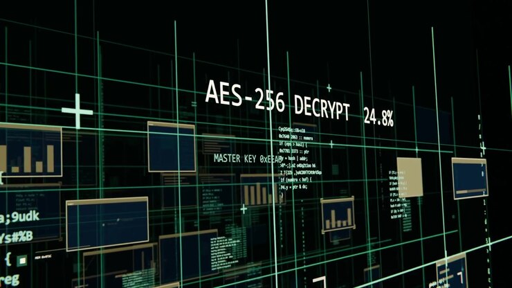 Showing AES-256 DECRYPT label rising percent with MASTER KEY in 3D grid, passing 35% causing pan