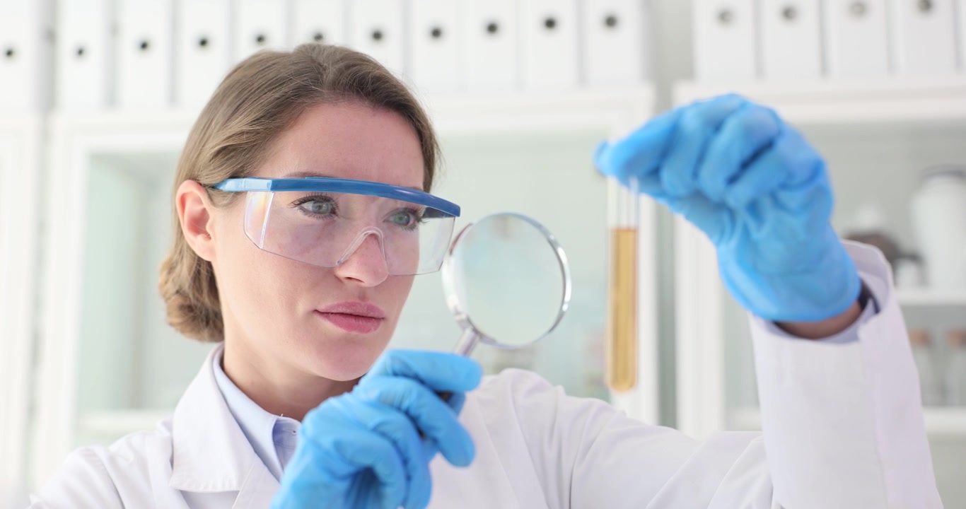 Scienziata con occhiali protettivi esamina una provetta