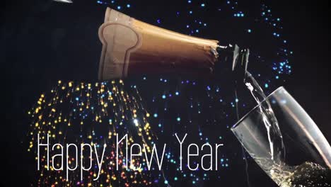 happy new year written in front of champagne being poured and fireworks