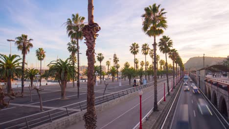 spain barcelona walking bay traffic road sunset panorama 4k time lapse