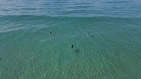 drones de 4k de 3 surfistas desconocidos remando en el océano, costa de oro, australia