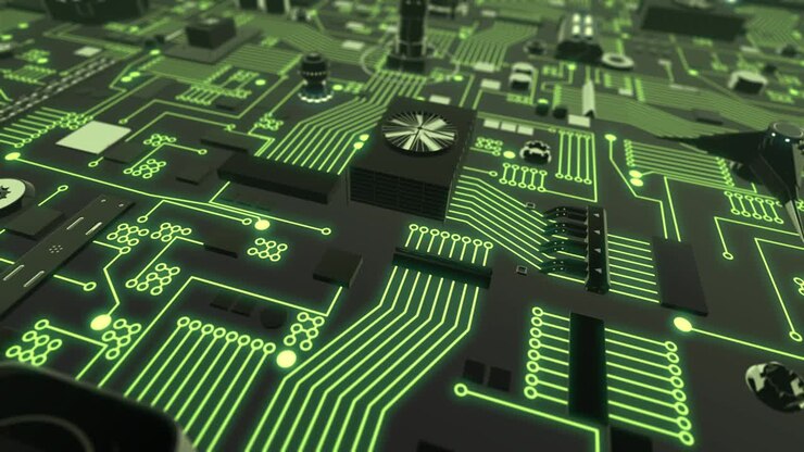 Circuito stampato futuristico verde illuminato in movimento