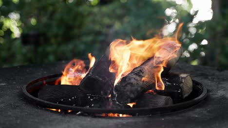 Close-Up-footage-of-a-small-fireplace-on-a-stone-in-daylight-in-a-blurred-background