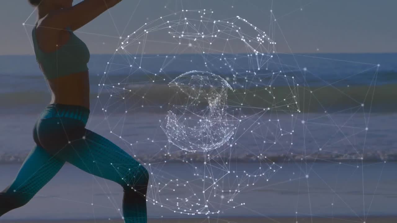 해변에서 요가를 하는 백인 여성에 대한 전 세계와의 연결 네트워크의 애니메이션