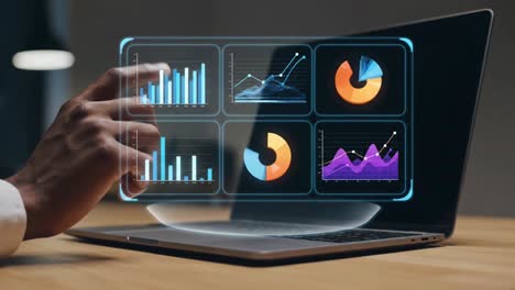 person analyzing business intelligence data on a futuristic holographic dashboard from a laptop
