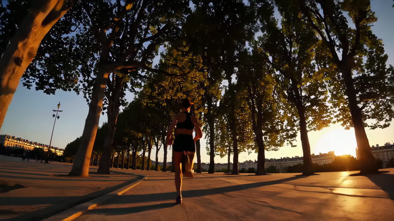 Woman Running in a City Park at Sunset