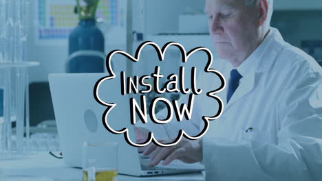 in school, elderly scientist using laptop with animation of install now text