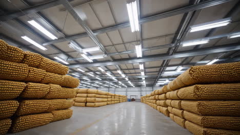 large stacks of dried corn cobs stored in a warehouse