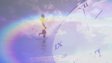 senior man carrying surfboard walking into ocean, showing translucent clock for tech marketing
