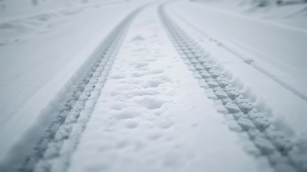 Tracking camera moving along two tire tracks on snow track revealing ...