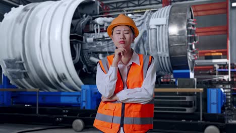 asian female engineer with safety helmet thinking and looking around then raising her index finger while standing with airplane engine maintenance conducted
