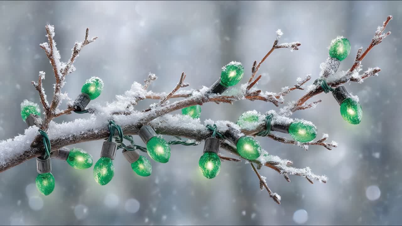 A Beautiful Scene of Snow-Covered Branches Adorned with Green Holiday Lights Under a Tranquil Winter Atmosphere, Perfect for Celebrating the Festive Season