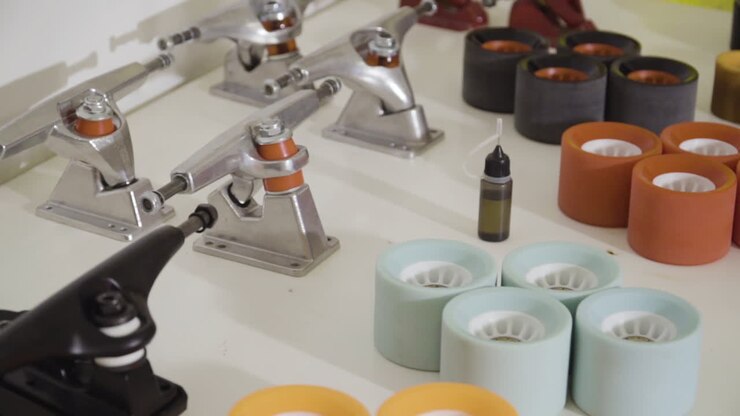 Peças de skate sobre a mesa dentro de uma oficina de artesão, vista deslizante à esquerda.