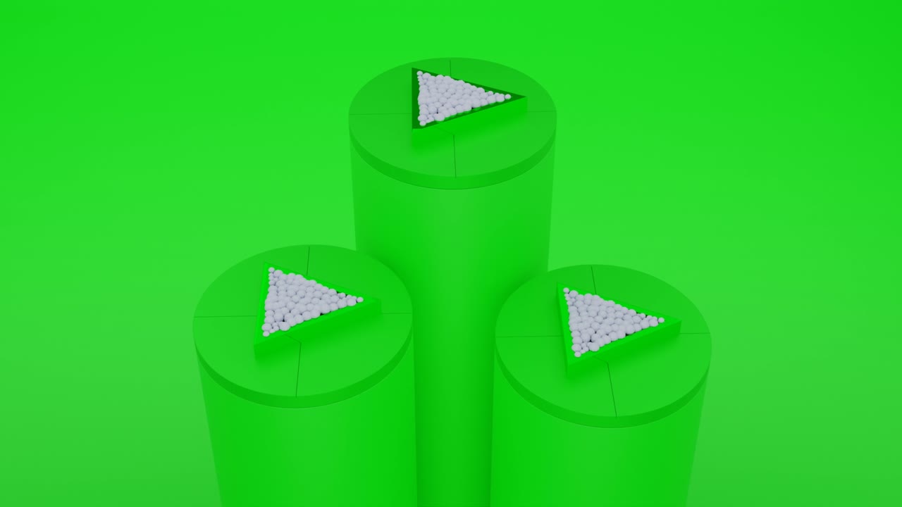 abstracto verde y blanco 3 cilindros y triángulo pedestal podio 4k video