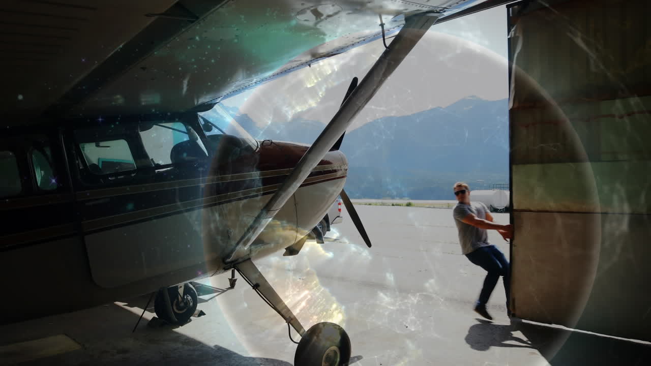 animación de la red de conexiones sobre el avión en el hangar