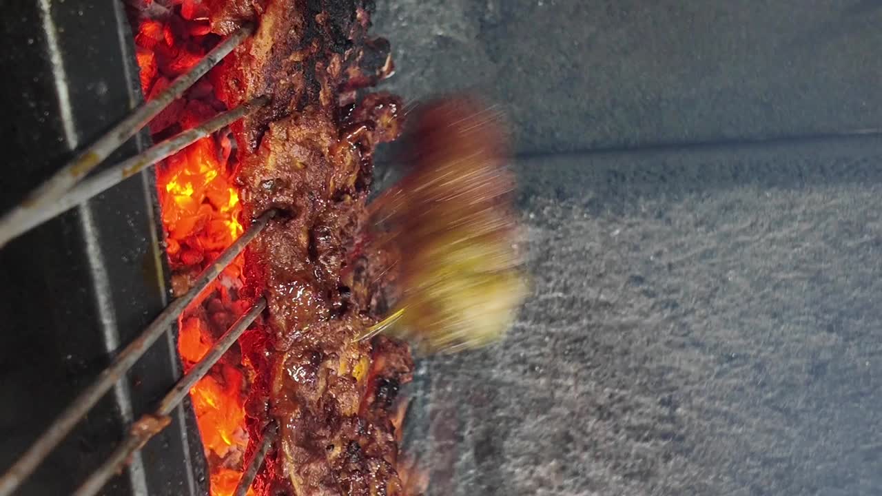 Grilling meat skewers over hot coals