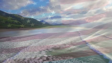 Digital-composition-of-waving-us-flag-against-aerial-view-of-the-beach