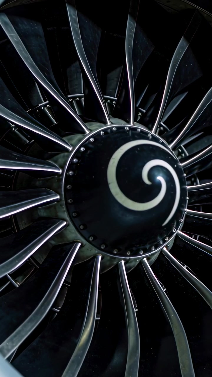 Vertical video: Zooming camera filming turbofan spiral spinner and blades in apron for inspection