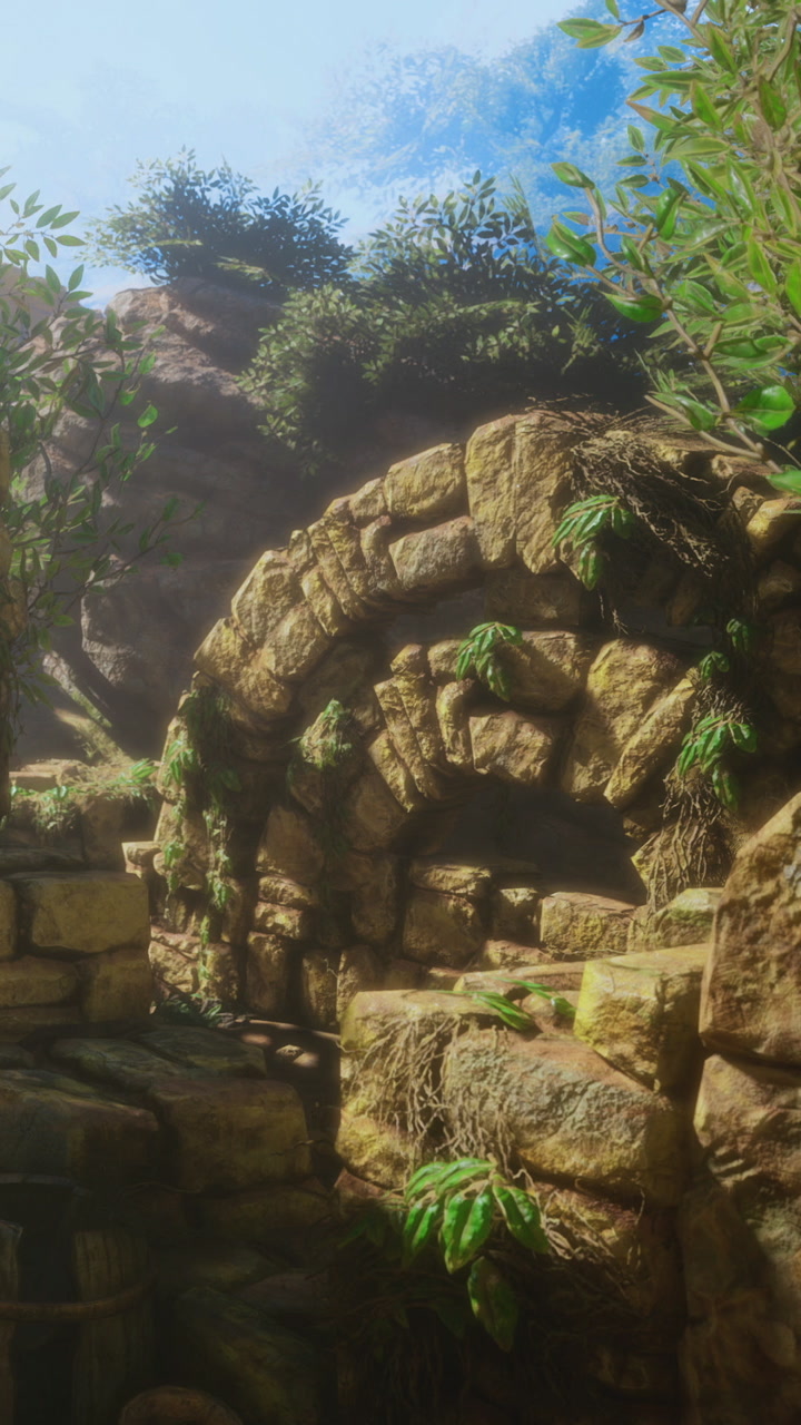Sunlit Ancient Stone Archway Covered in Vines and Moss