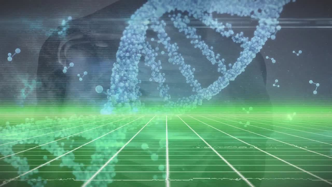 백색 배경에 디지털 인간 위에 있는 dna 줄무의 애니메이션.
