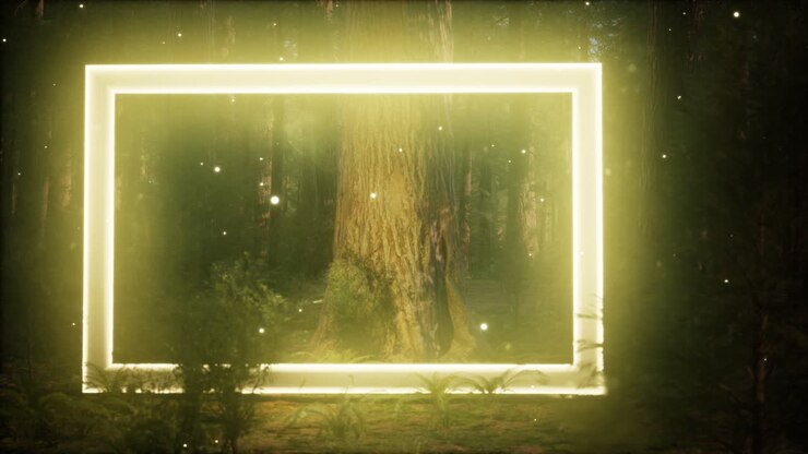 Neon glowing rectangle frame in the night forest